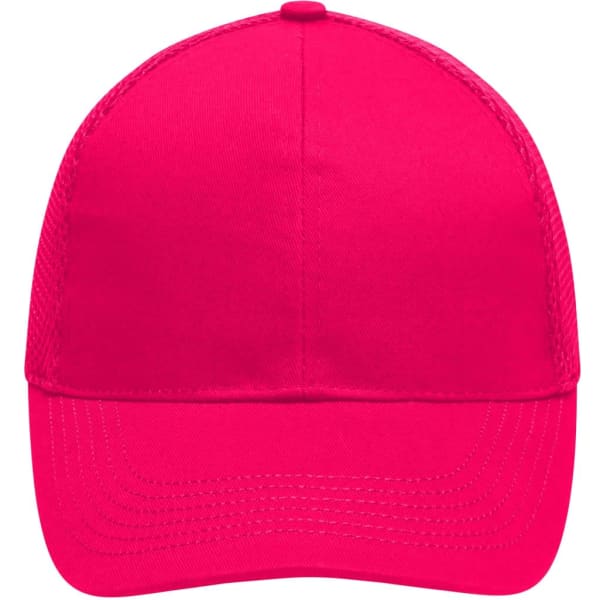 A bright pink 6 panel air mesh cap with a structured front and a curved brim. It features a logo on the side.