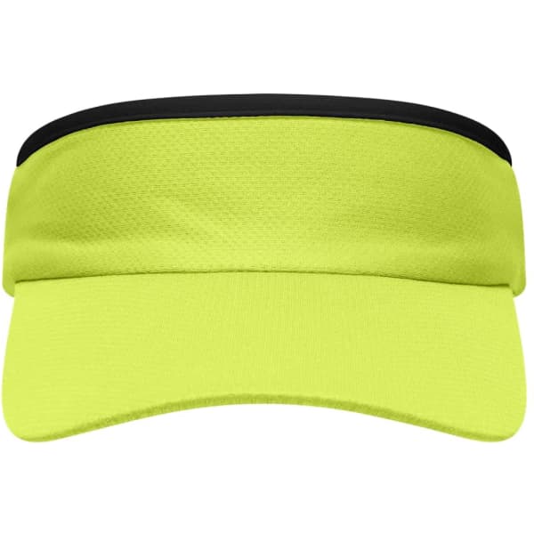 A bright yellow sport sunvisor with a black trim. The visor features a curved brim and textured fabric.