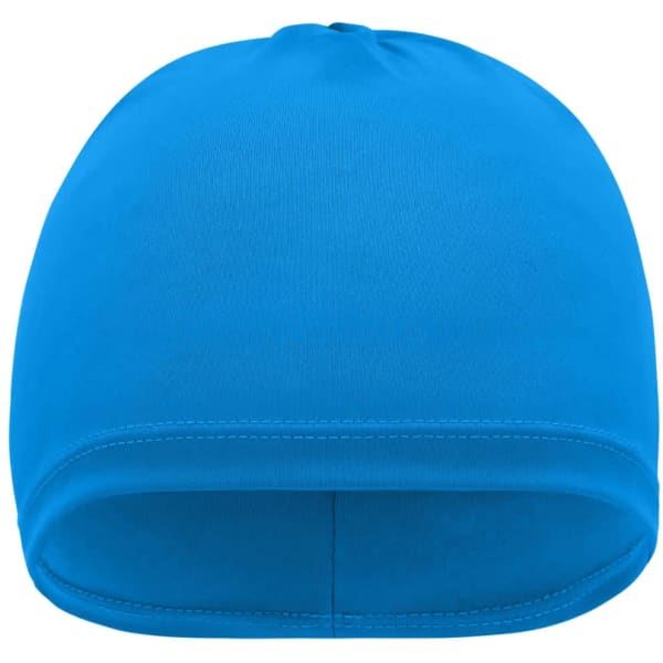 A blue running beanie with a snug fit and smooth fabric, featuring a logo on the side.