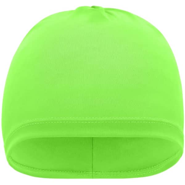 A bright green running beanie with a smooth texture and seamless design, featuring a logo on the front.