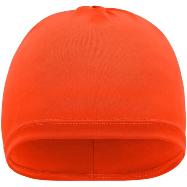An orange running beanie with a smooth, fitted design, featuring a simple, unadorned appearance.