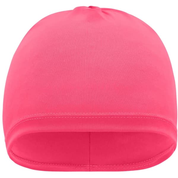 A pink running beanie displaying a smooth, seamless design with a fitted style and a small logo on the side.
