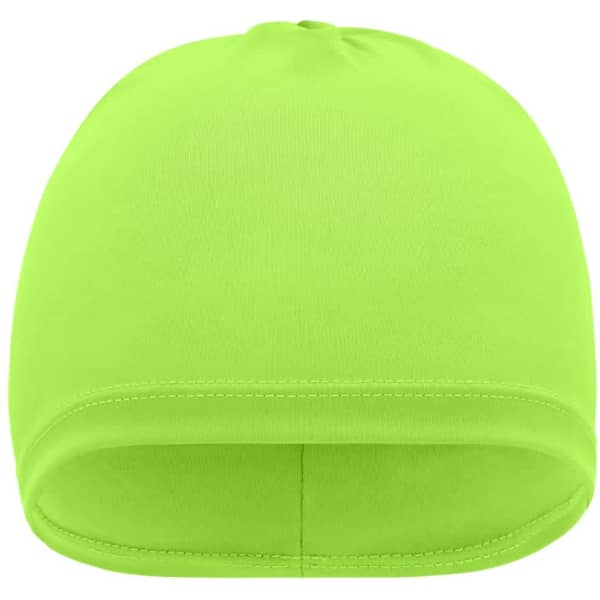 A vibrant green running beanie with a snug fit and seamless design, featuring a logo.