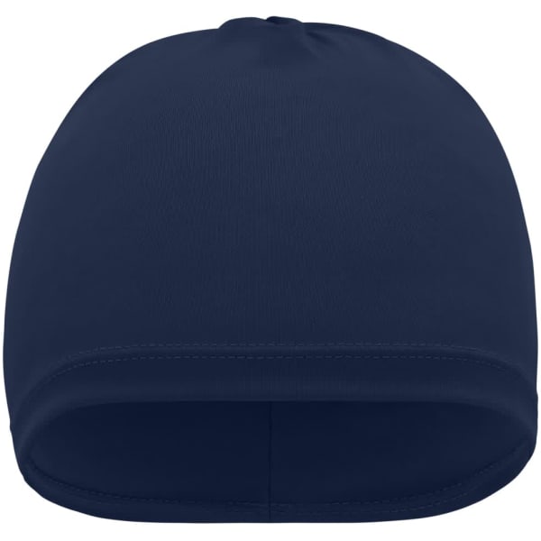 A navy running beanie with a smooth finish and a fitted design. It features a small logo on the inside.