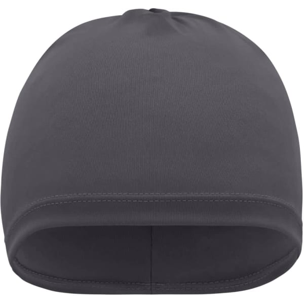 A running beanie in a solid grey colour with a smooth, fitted design and a small logo on the side.