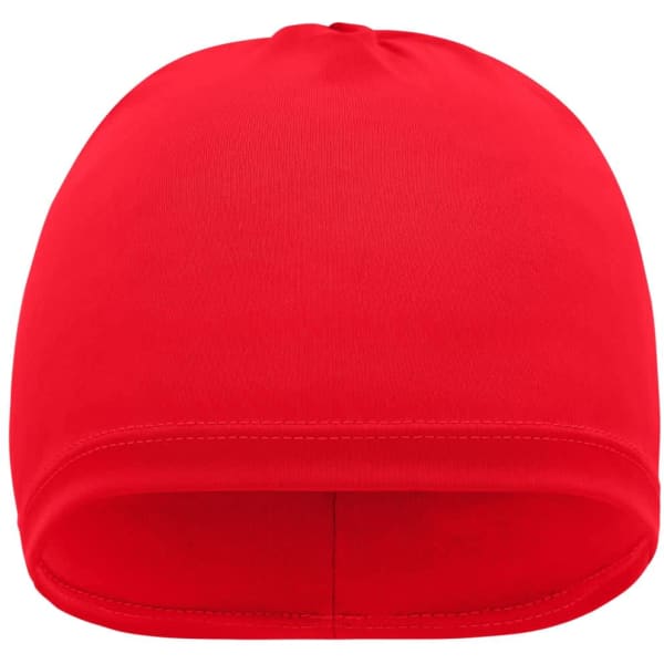 A red running beanie with a smooth, fitted design, featuring a logo on one side.