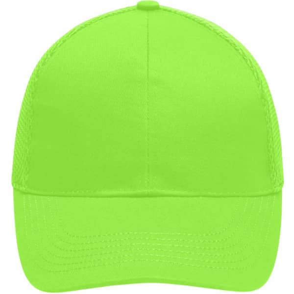 A bright green 6 panel air mesh cap with a plain front and breathable mesh sides. Features a logo.