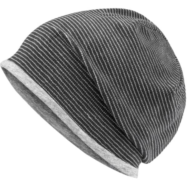 A structured beanie in black with white stripes and a grey cuff, designed for a relaxed fit.
