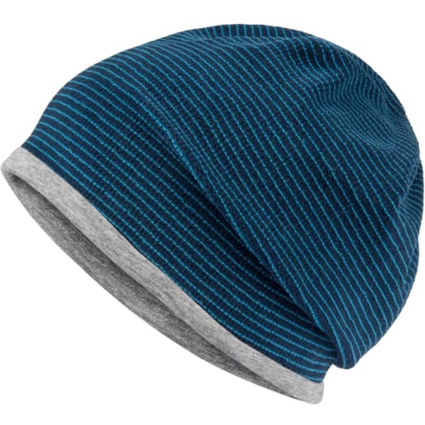 A structured beanie in teal with grey stripes and a grey cuff at the bottom. It features a logo.