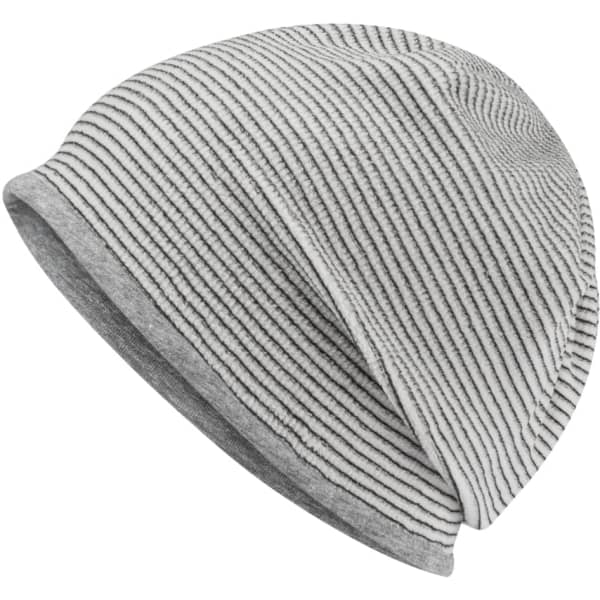 A structured beanie in grey with a striped pattern, featuring a soft, comfortable lining and a logo.
