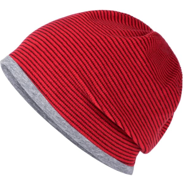 A structured beanie in red stripes with a grey cuff, featuring a logo on the side.