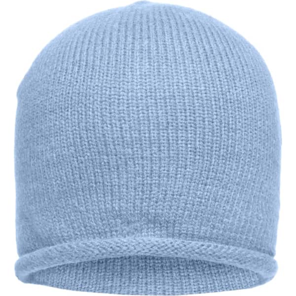 A light blue Roll-Up Beanie with a textured knit and a rolled cuff, featuring a logo on the side.