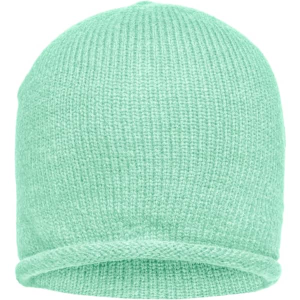 A mint green roll-up beanie made of knit material, featuring a simple design and a logo.