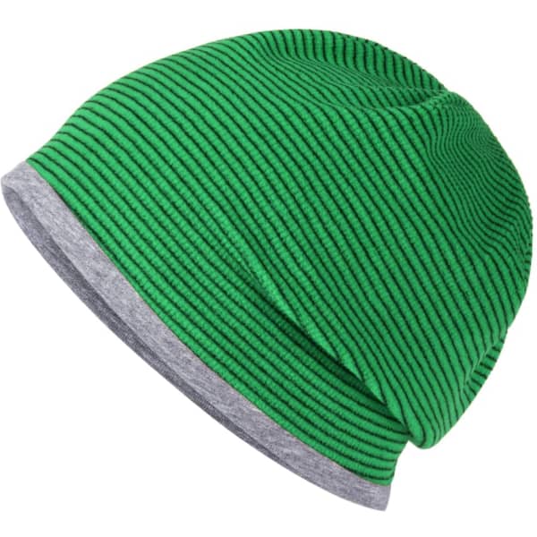 A structured beanie featuring a green striped design with a grey brim. It has a logo on one side.