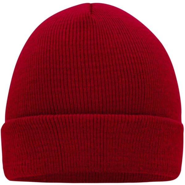 A red knitted cap with a folded brim and a textured pattern. It has a logo on one side.