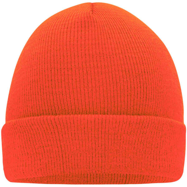 A knitted cap in bright orange, featuring a folded cuff and a textured design. It has a small logo on it.