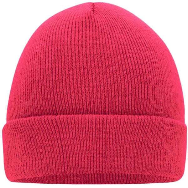 A knitted cap in vibrant pink with a cuffed design and a textured finish, featuring a logo.