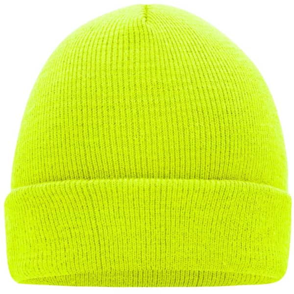 A knitted cap in bright yellow, featuring a fold-over design and a textured finish. It includes a logo.