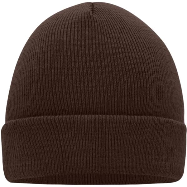 A brown knitted cap with a ribbed texture and a folded cuff at the base. Features a logo on the side.