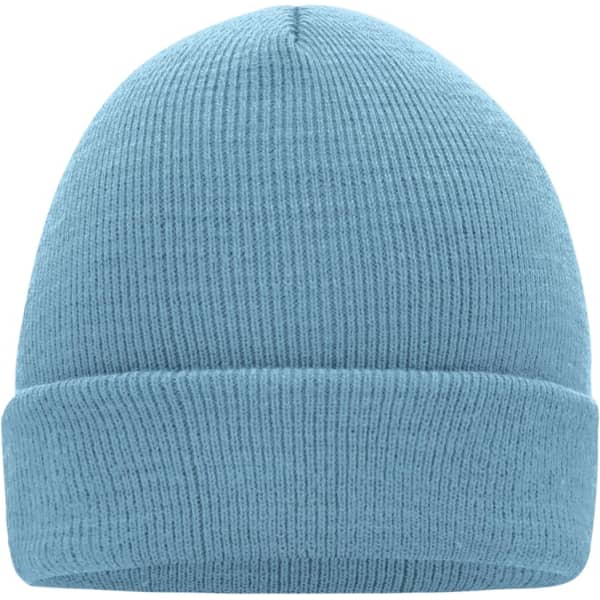 A knitted cap in a soft blue colour with a ribbed texture and a folded brim. It features a logo.