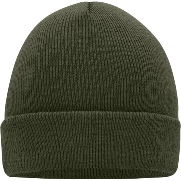 A dark green knitted cap with a folded brim and a textured finish. It features a logo on the side.