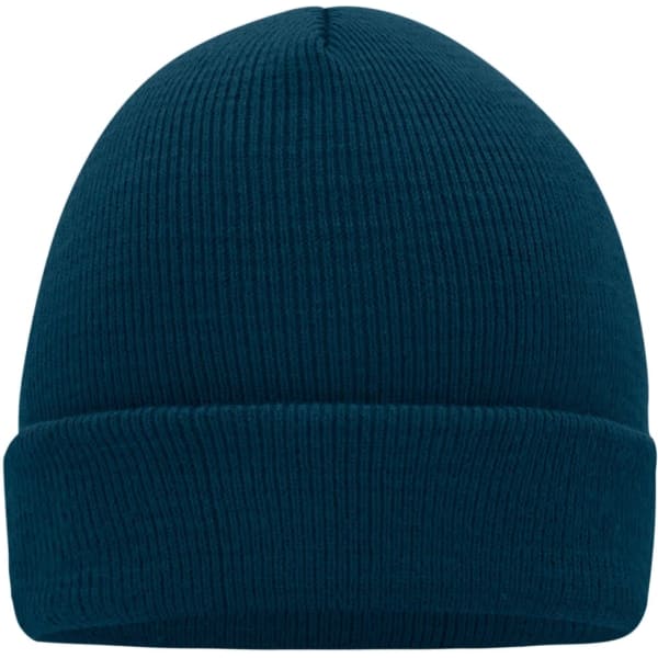 A knitted cap in a deep teal colour with a folded brim. Features a logo on the side.