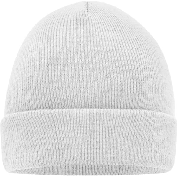 A knitted cap in light grey featuring a ribbed design and a folded brim. The item includes a small logo.