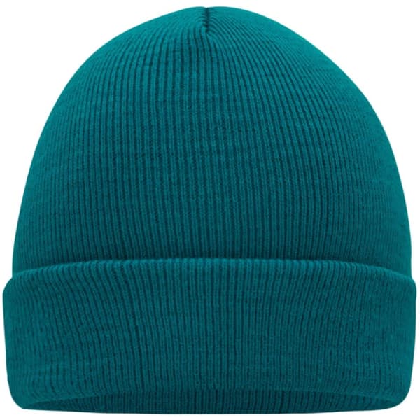 A knitted cap in a vibrant teal colour, featuring a ribbed texture and a folded cuff.