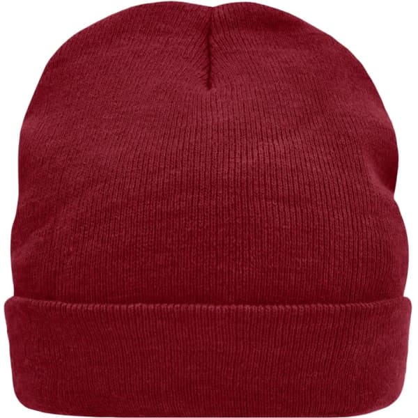 A red knitted cap featuring a Thinsulate material, with a cuffed design and a top seam. It includes a logo.
