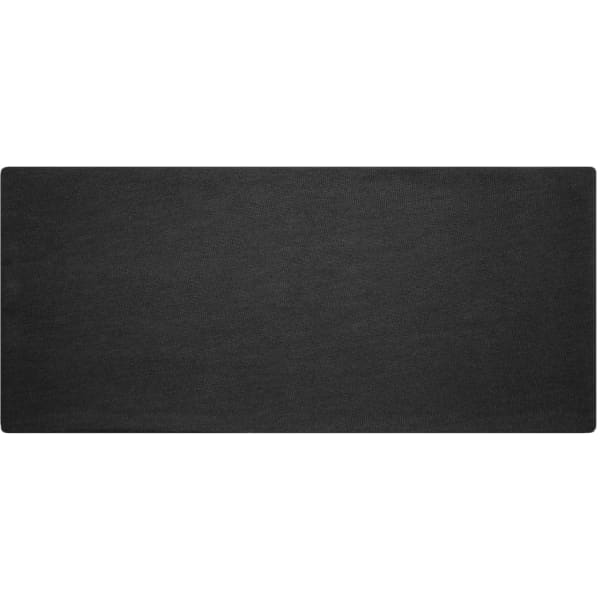 A black bio cotton headband with a simple rectangular design and a branding logo.