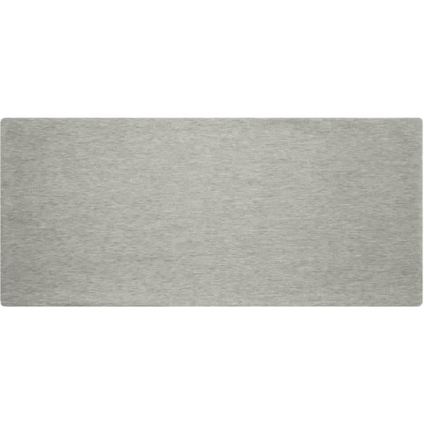 A grey bio cotton headband with a smooth texture and a subtle branding logo.