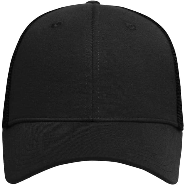 A black 6 panel elastic fit mesh cap with a solid front and mesh sides, featuring a logo on the front.