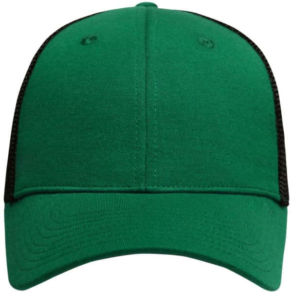 A green 6 panel elastic fit mesh cap featuring a black mesh back and a structured front. It has a logo present.