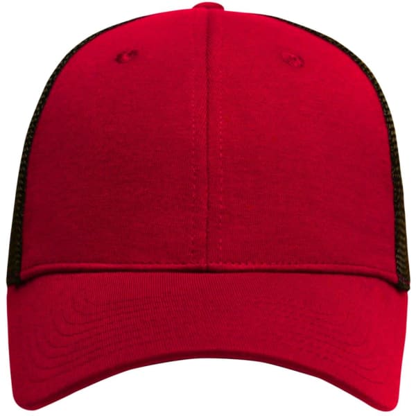 A red six-panel elastic fit mesh cap with black mesh sides and back. The cap features a logo on the front.