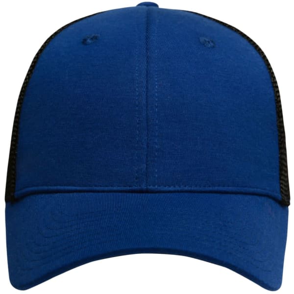 A blue and black 6 panel elastic fit mesh cap with a rounded peak and ventilation holes.