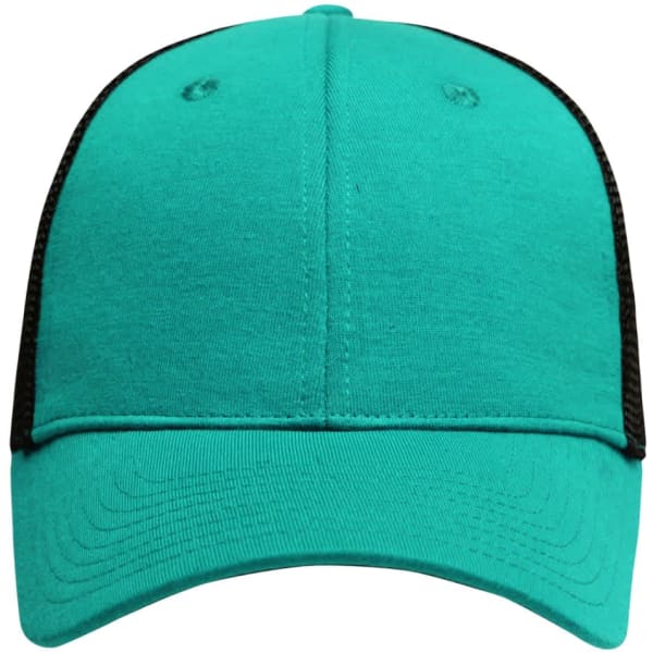 A teal and black 6 panel elastic fit mesh cap with a structured front and breathable mesh sides.