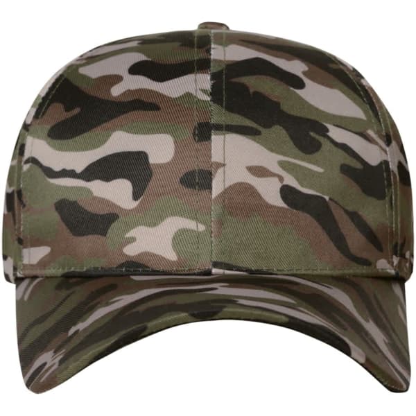 A camouflage cap featuring a six-panel design in various shades of green and brown with a logo.