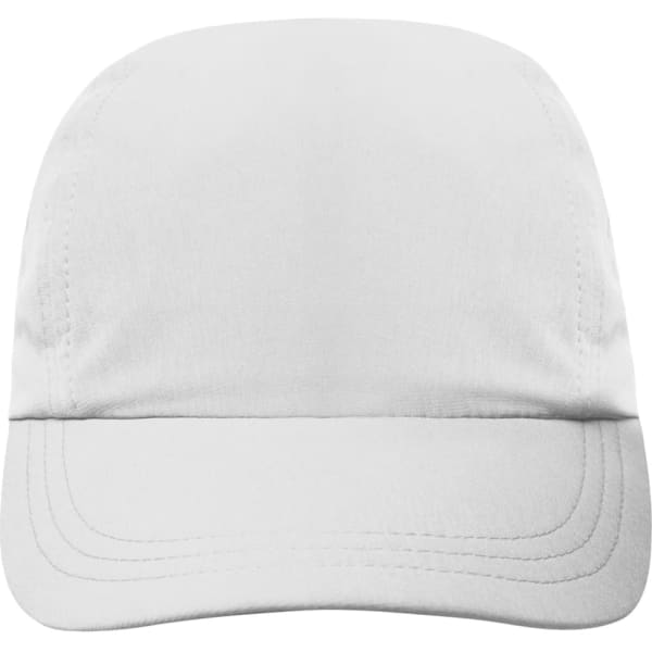 A 3-panel white cap with a curved peak and a logo on the front.