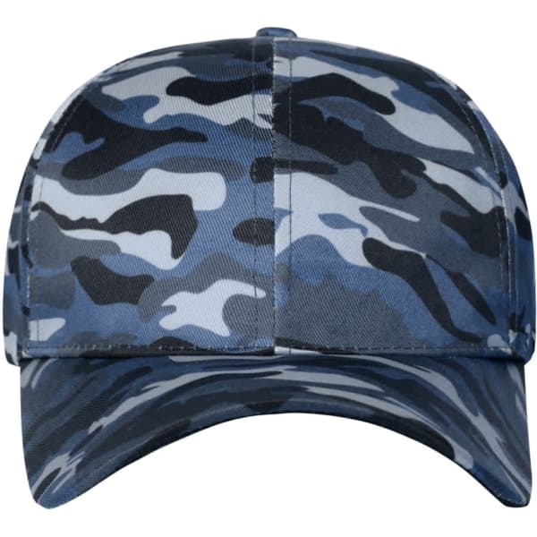 A camouflage cap featuring shades of blue and grey, with a curved peak and a logo on the front.