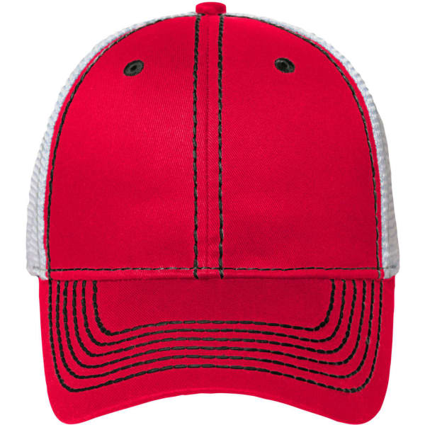 A red 6 panel mesh cap with white mesh sides and contrasting black stitching. It features a logo on the front.