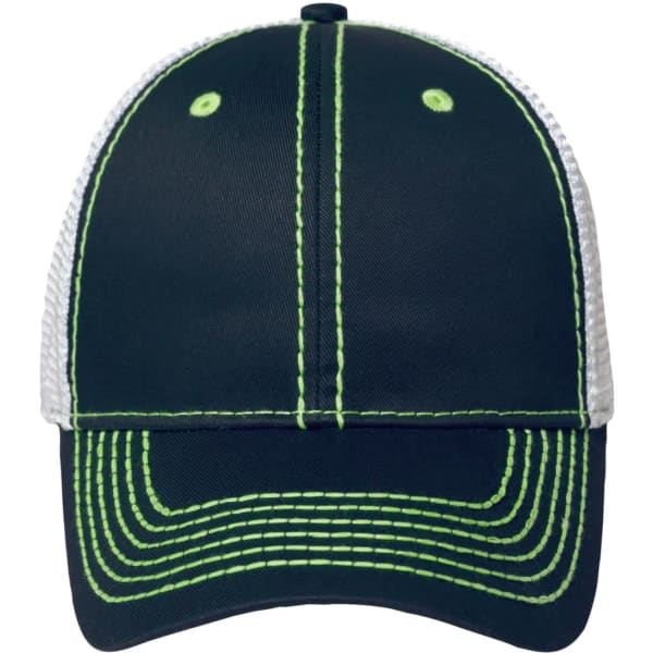 A dark green mesh cap with white mesh panels and contrasting green stitching, featuring a logo on the front.