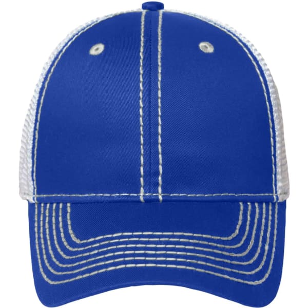 A blue 6-panel mesh cap with white mesh panels and stitching details. Features a logo on the front.