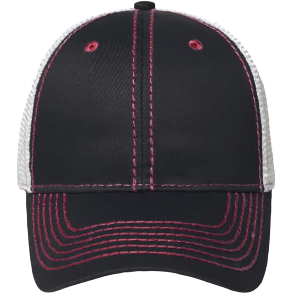 A black 6 panel mesh cap with contrasting pink stitching and a white mesh back. Features a logo on the front.