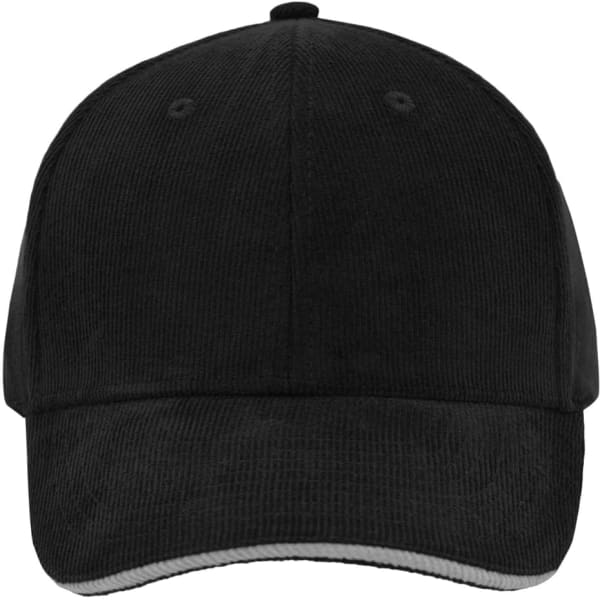 A black corduroy cap featuring six panels and a curved brim, with an additional logo on the front.