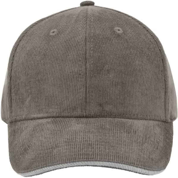 A grey corduroy six-panel sandwich cap with a curved brim and a logo on the front.