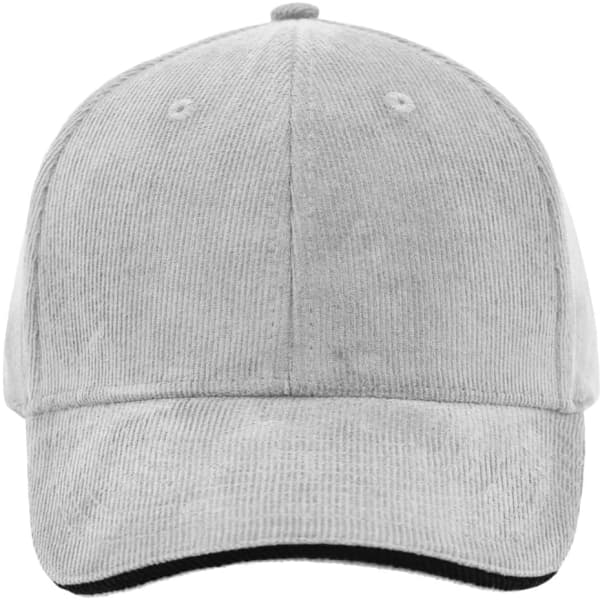 A grey corduroy cap with a black underside and a logo on the front. Features six panels and an adjustable back.
