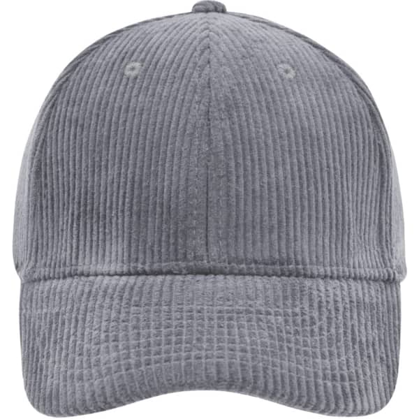 A grey 6 panel corduroy cap with a curved brim and a logo on the front.