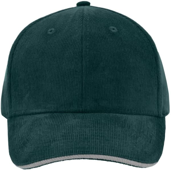 A dark green corduroy cap with a six-panel design and a logo on the front.