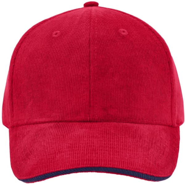 A red corduroy sandwich cap featuring a structured design and a contrasting underbill. It has a logo on the front.