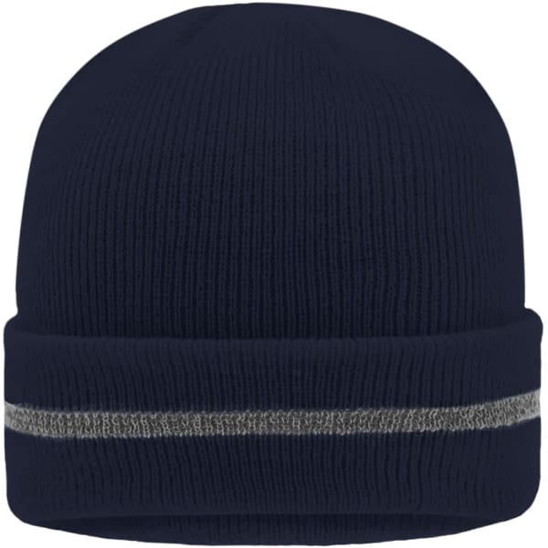 A navy beanie with a reflective silver stripe around the middle. It has a ribbed texture and a fold-over cuff.